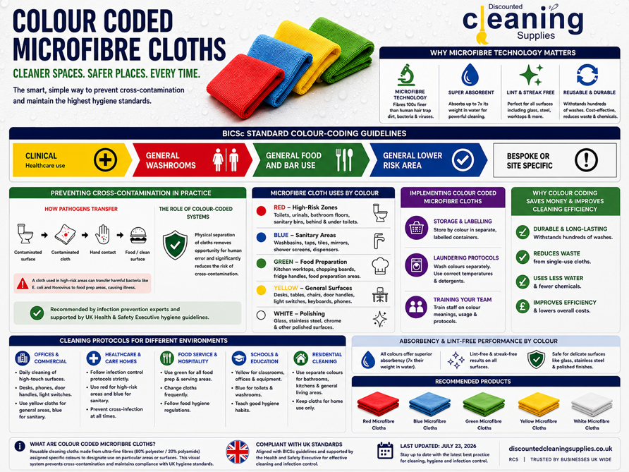 Colour-coded microfibre cloths (red, yellow, green, blue, white) explaining the BICSc standard and the reason for colour coding them
